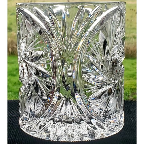 Pinwheel Hand Cut Etched Lead Crystal Vase Candle Holder Poland 4.5" bisquit jar - Picture 4 of 11
